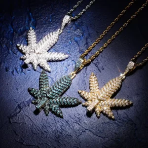 Gold Silver Colorful Brass Mens Necklace Maple Leaf Pendant Foliage Cubic Zirconia Full Pave Iced Out Rope Chain Hip Hop Jewelry