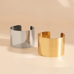 Gold Silver Iron Alloy Wide Open Cuff Bangle Glossy Plain Smooth Chunky Cuff Bracelet Minimalist Statement Women Fashion Jewelry