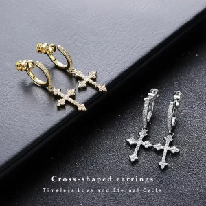 Gold & Silver Plated CZ Cross Hoop Earrings Christian Gothic Jewelry for Unisex Wedding Gift
