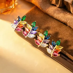 Gold Silver Plated Colorful Zircon Leaf Stud Earrings Rainbow Marquise Crystal Leaf Earrings Women Cute Daily Jewelry Gift