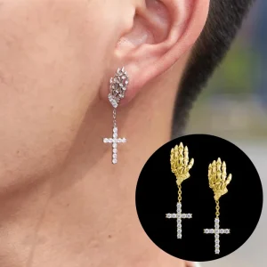 Gold Silver Plated Hand of God Cross Dangle Earrings Rhinestones for Men Women Hip Hop Punk Style Ear Studs Jewelry Gift