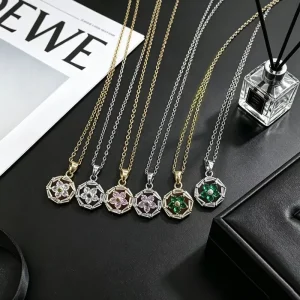 Gold Silver Plated Octagonal Flower Pendant Necklace Set Crystal Zircon Stone Pink Green Fashion Jewelry Women Gift