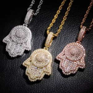 Gold Silver Rose Metal Mens Necklace Hamsa Hand Pendant Baguette Cubic Zirconia Iced Out with Rope Chain Hip Hop Jewelry