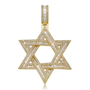 Gold Silver Rose Metal Womens Necklace Star of David Pendant Baguette Cubic Zirconia Iced Out with Rope Chain Hip Hop Jewelry