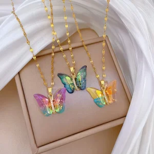 Gold Stainless Steel Butterfly Necklace Costume Jewelry NN0016