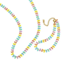 Gold Stainless Steel Enamel Colorful Leaf Necklace Bracelet Set for Women Fresh INS Dainty Fashion Jewelry
