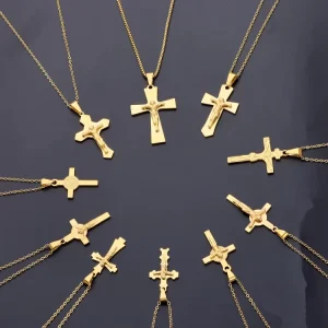 Gold Stainless Steel Jesus Cross Pendant Necklace for Men and Women Carved Saint Benedict’s Amulet Religious Jewelry
