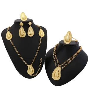 Gold Teardrop Pendant Jewelry Set Double Layer Necklace Earrings Ring Women Fashion Party Accessories HM18082914