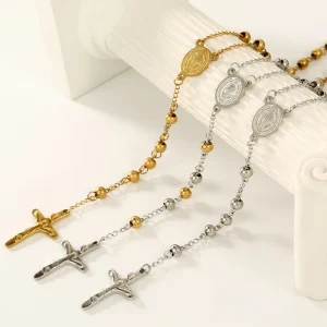 Gold Titanium Steel Cross Pendant Necklace with Bead Chain Fashion Clavicle Jewelry for Women
