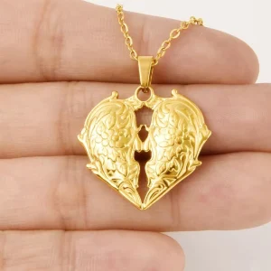 Gold Tone 304 Stainless Steel Heart Pendant Necklace Vintage Relief Floral Vine Baroque Hollow Love Jewelry for Unisex Men Women