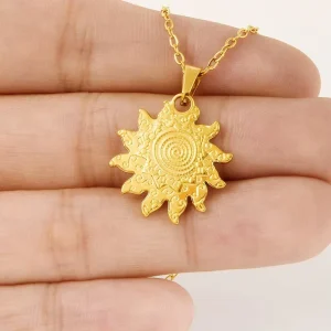 Gold Tone 304 Stainless Steel Sunburst Pendant Link Chain Wavy Ray Spiral Vortex Celestial Medal for Unisex Men Women