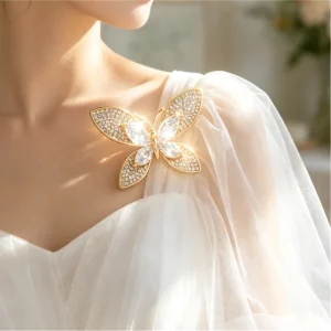 Gold Tone Butterfly Brooch for Women Alloy Pin with 4 Marquise Crystals and Full Rhinestone Wings Elegant Fashion Jewelry Gift