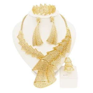 Gold Tone Filigree Openwork Jewelry Set Triangle Pendant Necklace Bracelet Earrings & Ring African Fashion Statement Jewelry