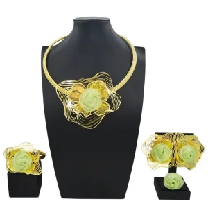 Gold Tone Filigree Wire Flower Jewelry Set Green Fabric Rose Necklace Earrings Bracelet Ring African Fashion Statement Jewelry