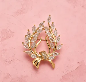 Gold Tone Laurel Wreath Brooch for Women Alloy Pin with Marquise Crystals and Rhinestone Bow Accent Elegant Fashion Jewelry Gift