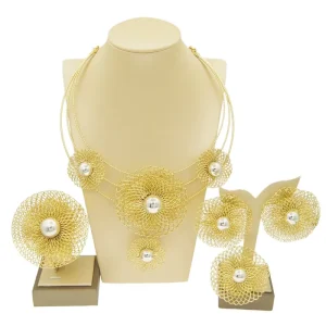 Gold Tone Mesh Flower Jewelry Set Multi Layer Necklace Earrings Bracelet & Ring African Fashion Statement Jewelry