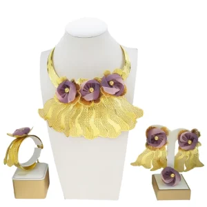 Gold-Tone Mesh Leaf Jewelry Set Purple Fabric Flower Necklace Earrings Bracelet Ring African Fashion Statement Jewelry