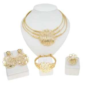 Gold Tone Twisted Chain Jewelry Set Openwork Filigree Necklace Bracelet Earrings Ring Statement Jewelry