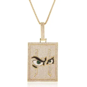 Gold-Toned Iced-Out Rectangle Pendant Necklace with Green Eyes and Black Eyebrows Trendy Hip-Hop Jewelry Accessory