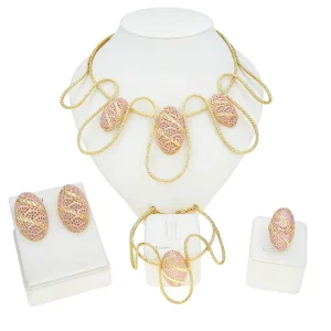 Gold Twisted Chain Jewelry Set Pink Enamel Oval Necklace Bracelet Earrings Ring Statement Jewelry
