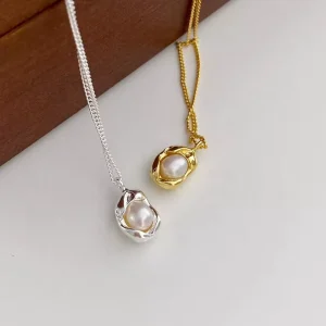 Gold Vermeil S925 Silver Pearl Pendant Necklace Sterling Silver Organic Frame Necklace