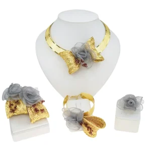 Gold Woven Choker Jewelry Set Gray Fabric Rose & Bead Detail Necklace Earrings Bracelet Ring African Fashion Statement Jewelry