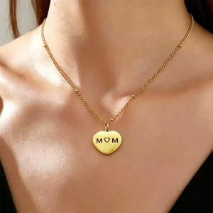 Gold plated Stainless Steel Heart shaped Pendant Necklace Link Chain Hollowed out MOM Letters Trendy Women’s