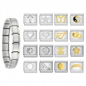 Gold plated Stainless Steel Stamped pattern Drop oil DIY Italian Charm Bracelet