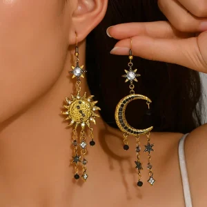 Gold plated Stainless Steel Sun and Moon Tassel Long Hoop Earrings with Celestial Theme for Women in Europe America