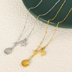 Gold shell starfish niche luxury fashion charm stainless steel pendant necklace for women