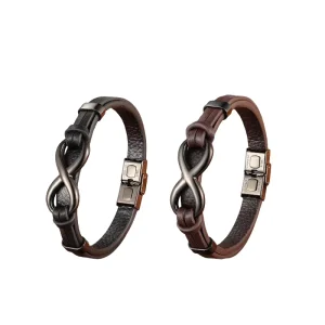 Golden Cross Men’s Stainless Steel Real Rope Leather Charm Bracelets Digital 8 Charms Anniversary Geometric