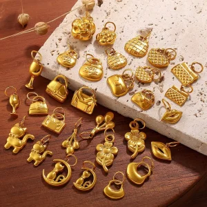 Golden Feline Couture | 18K PVD Gold Plated Stainless Steel Charm Pendants for DIY Jewelry Making | Cat Handbag Flowers Lips Etc