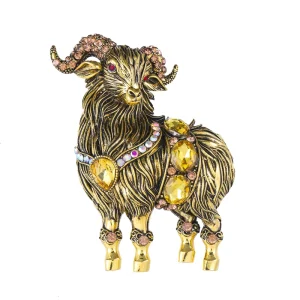 Golden Gemstone Goat Brooch with Horns Crystal Rhinestone Plated Alloy Fashion Retro Pin for Party and Festival