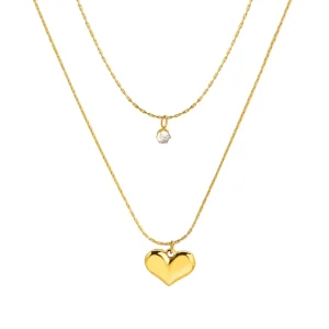 Golden Heart Double Layer Necklace with Light Luxury High End Feel Gold Plated Pendant Necklace for Women