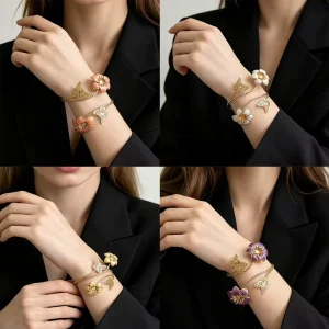 Golden Ladies’ Enamel Flower Butterfly Flower Pearl Romantic Bohemian Double Ring Bracelet Declaration Jewelry