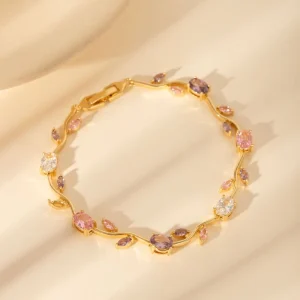 Golden Plated Flower Zirconia Bracelet Fashionable Women’s Necklace Anniversary Gift Brass Zirconia Design
