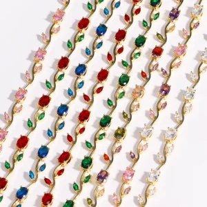 Golden Plated Flower Zirconia Bracelet Fashionable Women’s Necklace Anniversary Gift Brass Zirconia Design