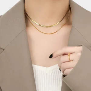 Golden Snake Bone Chain Necklace Double Layered Stacked Stainless Steel Necklace for Women