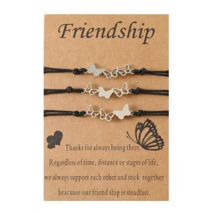Good Friend Card Bracelets Personality Stainless Steel Hollowed Insect Butterfly Hand Weave String 3 Piece