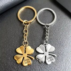 Good Luck Four Leaf Clover Metal Keychain Gold Silver Plated Lucky Charm Key Ring