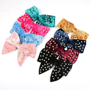 Good Selling Girls’ Fashion Velvet Fabric Bow Hair Clip with Pearls Colored Barrette Hair Accessory