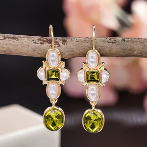 Gorgeous Irregular Design Olive Color Zircon Imitated Pearl Dangle Earrings for Women Wedding Fashion Party CZ Earrings