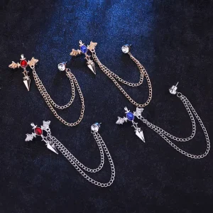 Gothic Bat Wing Cross Spear Rhinestone Brooch Ear Stud Chain Set Punk Tassel Lapel Pin Unisex Clothing Accessory
