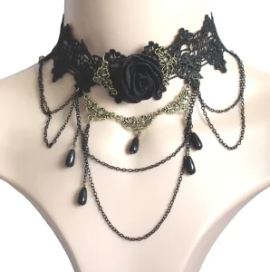 Gothic Black Lace Crystal Choker Necklace Sexy Gemstone Pendant Neck Chain Halloween Costume Jewelry for Women