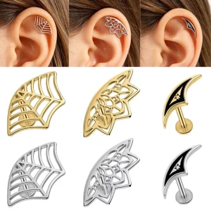 Gothic Cartilage Helix Earrings for Women Halloween Spider Web Geometric Mandala Lotus Trendy Flat Back Piercing Jewelry