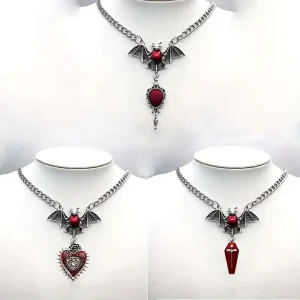 Gothic Exaggerated Red Drip Glaze Bat Magic Heart Coffin Cross Pendant Necklace Women Halloween Party Fashion Charm Jewelry