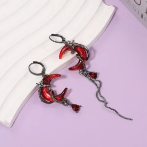 Gothic Punk Asymmetry Red Moon Rose Earrings for Women Style Personality Crystal Drop Pendant Earrings Jewelry Gifts