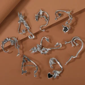 Gothic Punk Non Piercing Elf Cartilage Ear Cuff Wraps Climber Earrings for Women Snake Flower Heart Silver Ear Clip Wrap