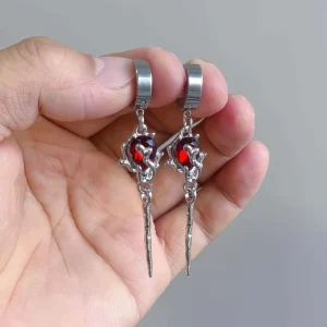 Gothic Ruby Earrings Punk Earrings for Men Women Goth Flower Blood Red Roses Crystal Dangle Earring Women’s Halloween Jewelry