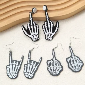 Gothic Skeleton Hand Acrylic Drop Earrings Punk Middle Finger Rock Gesture Skull Hand Dangle Jewelry Halloween Party Accessories